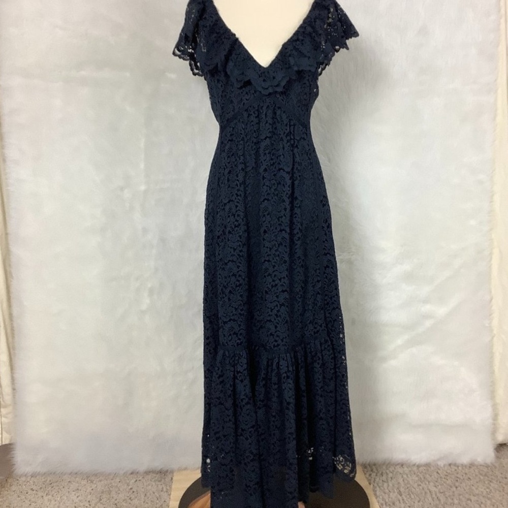 La Ligne Dark Navy Blue Lace V-Neck D’ete Midi Dress